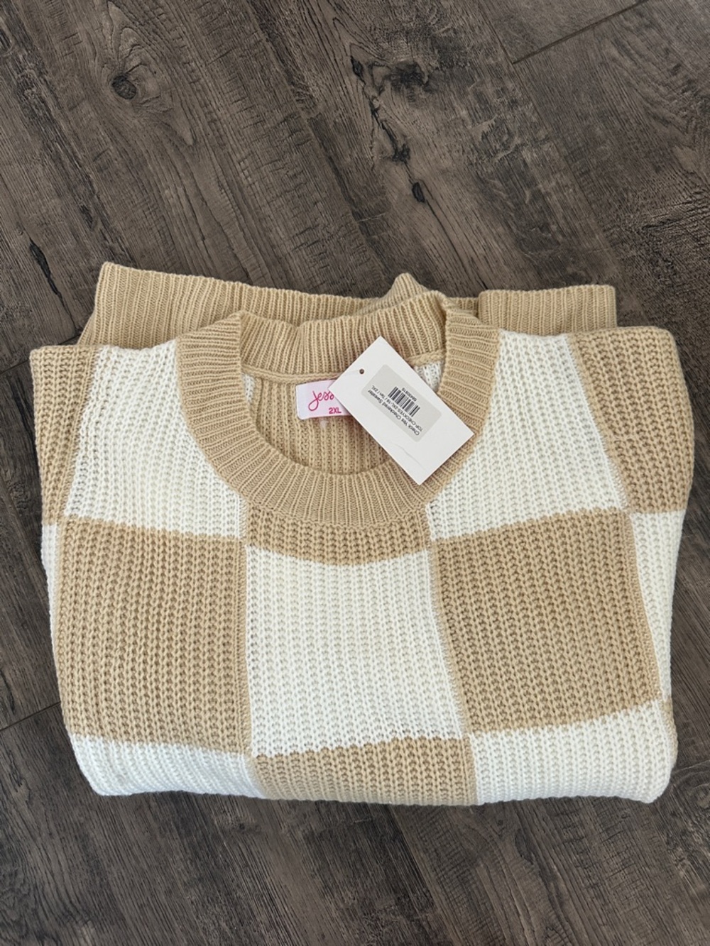Beige and White Checker Knit Sweater